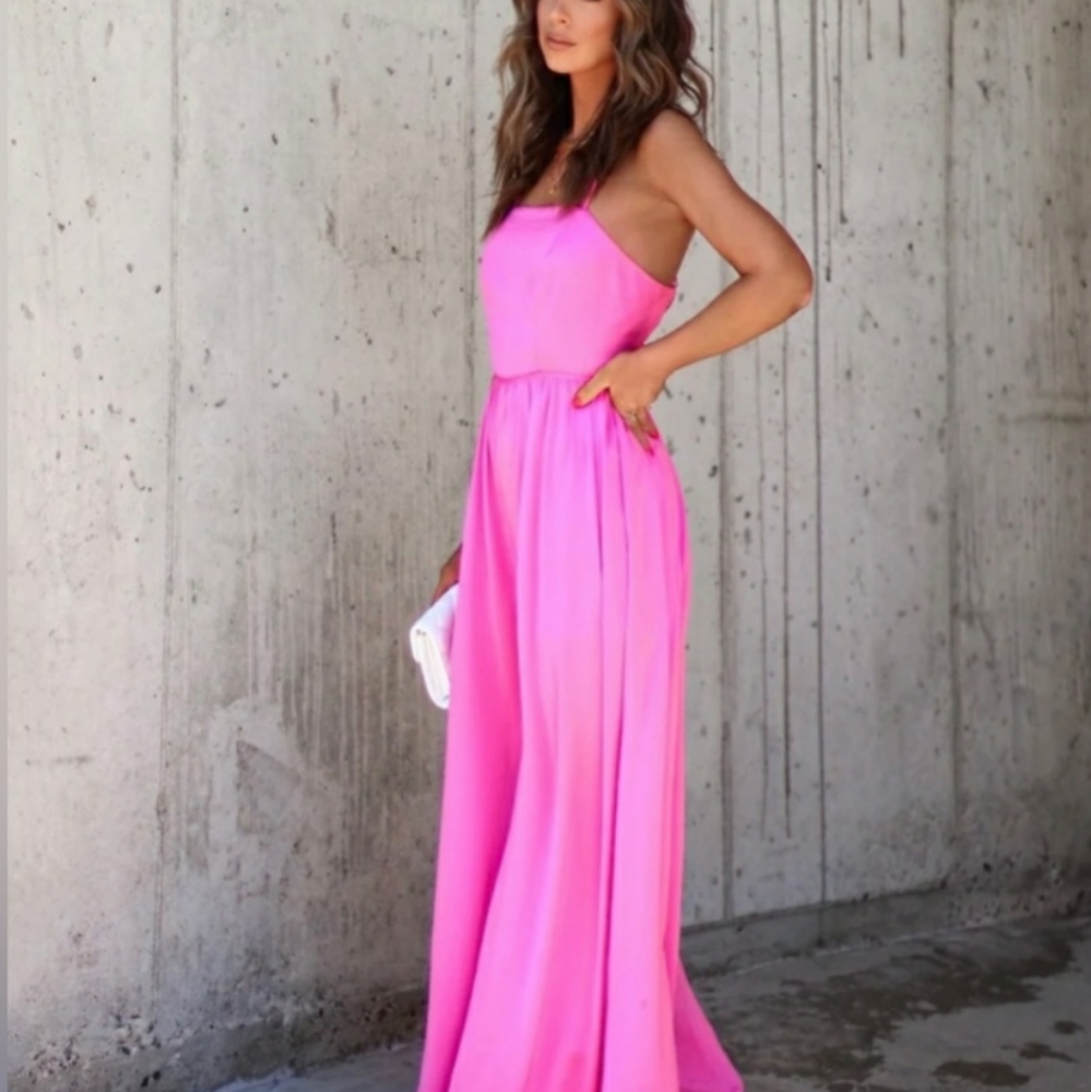 Vici Aakaa Picture Perfect Satin Wide Leg Pink Jumpsuit NEW - Picture 6 of 7
